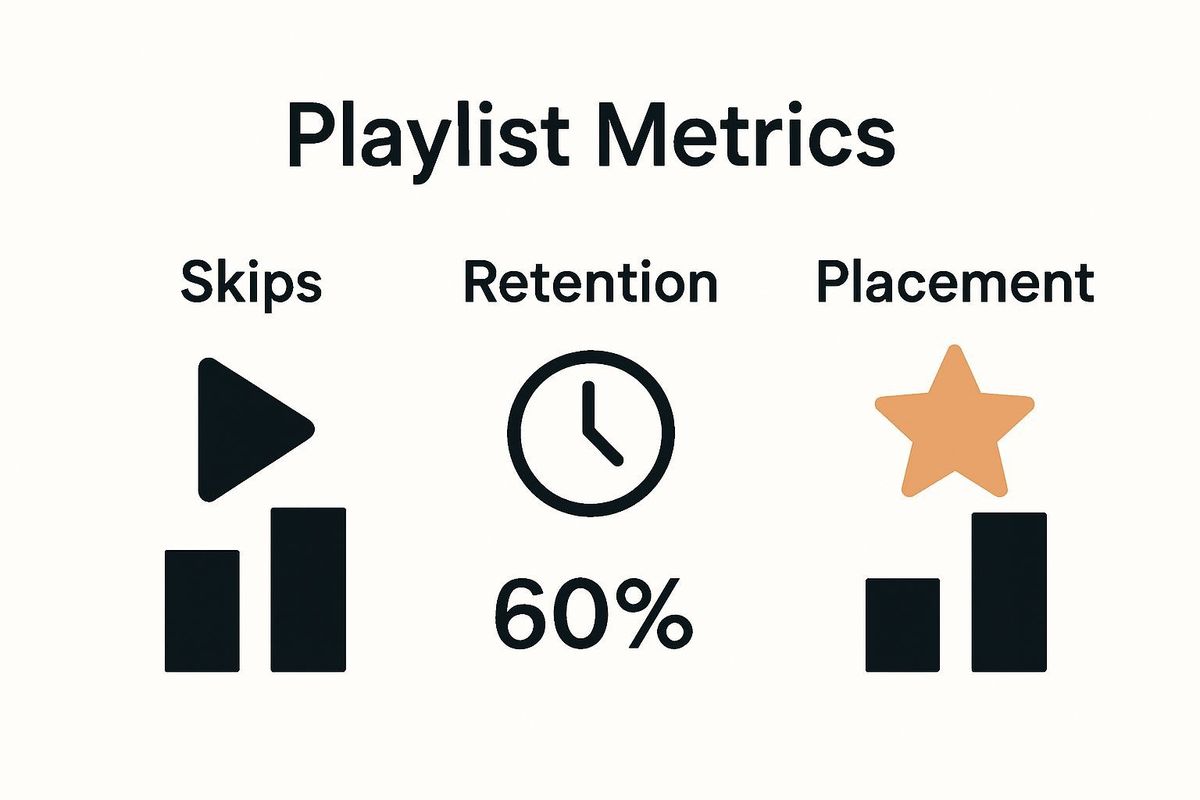 Infographic comparing skip rates, retention rates, and song placements in playlist data analysis