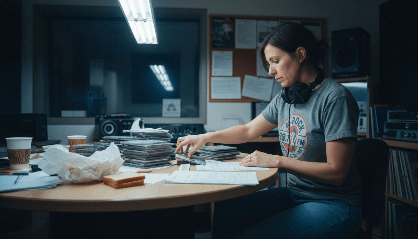 Radio producer sorting music in studio
