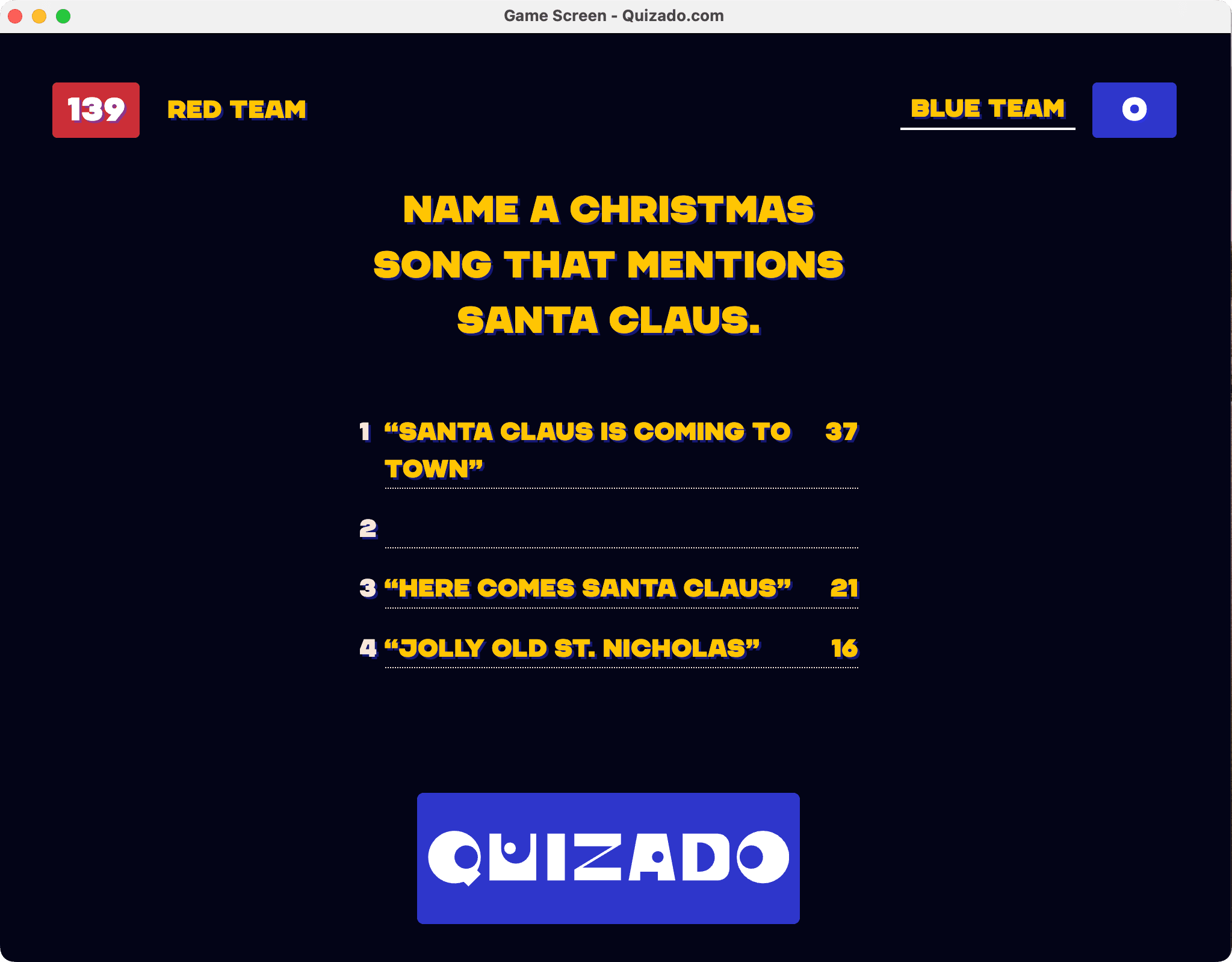 quizado game screen screenshot with a christmas questions