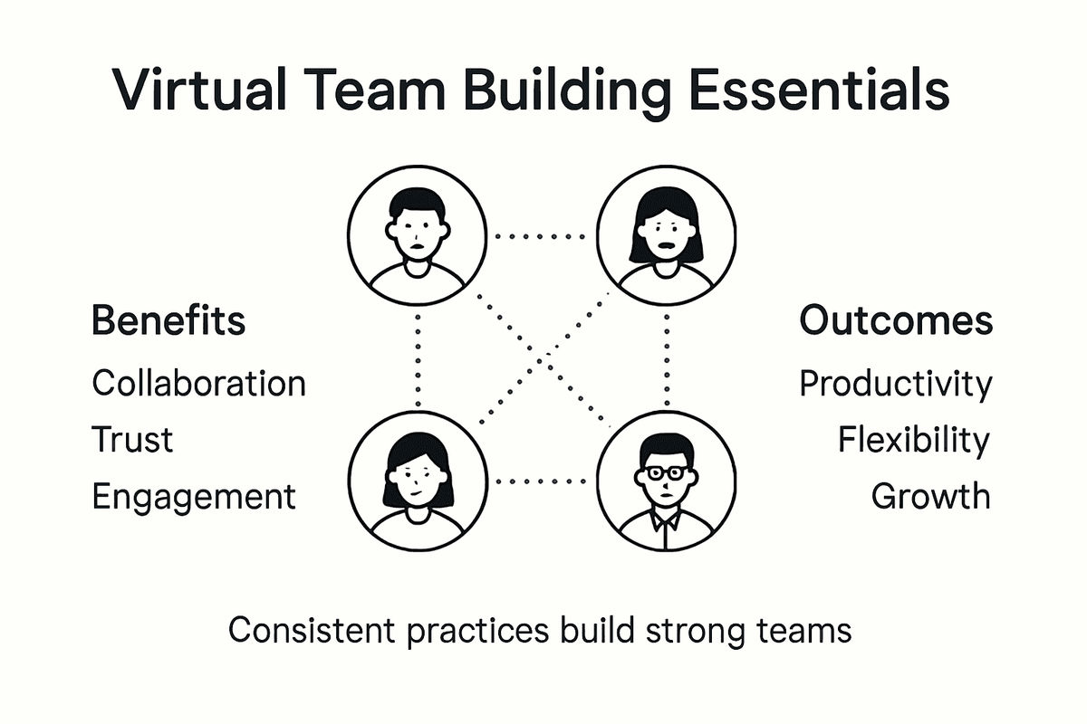 Infographic summarizing virtual team building benefits
