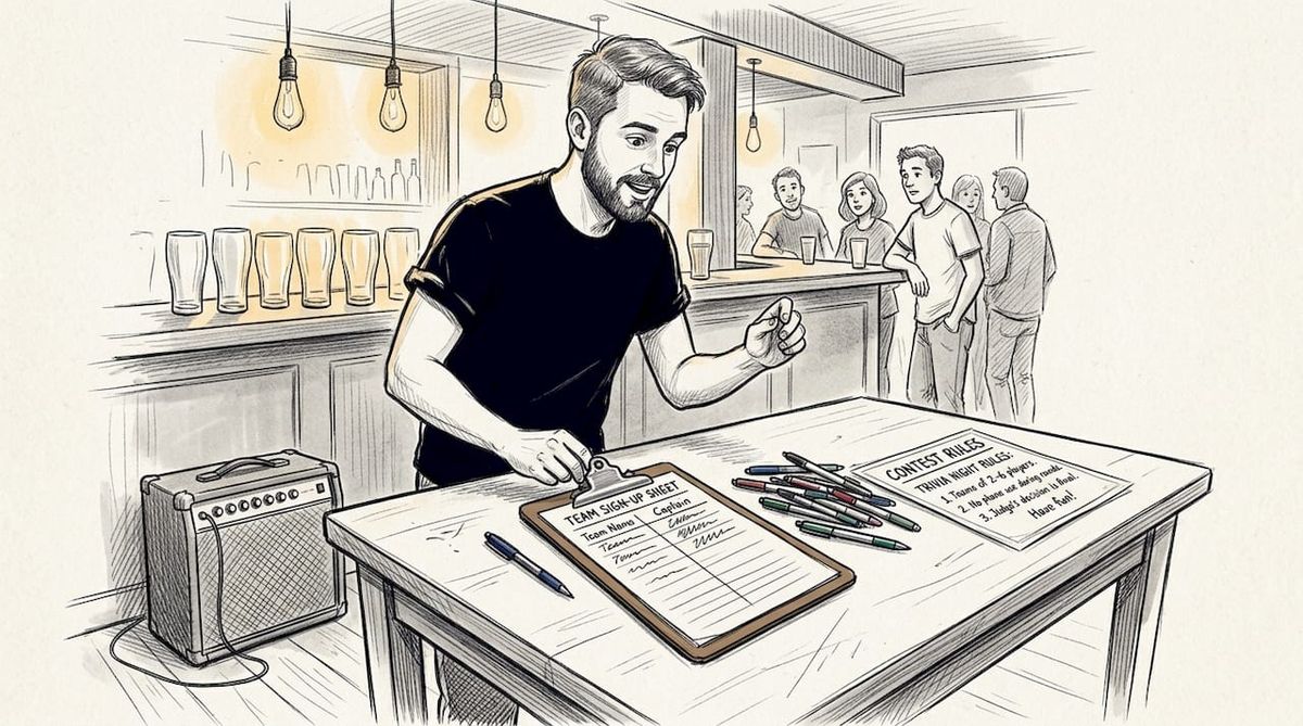 Bartender preparing contest registration table