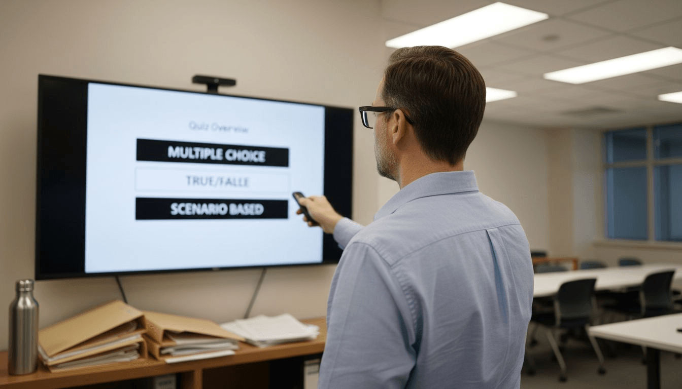 HR manager shows quiz formats on screen