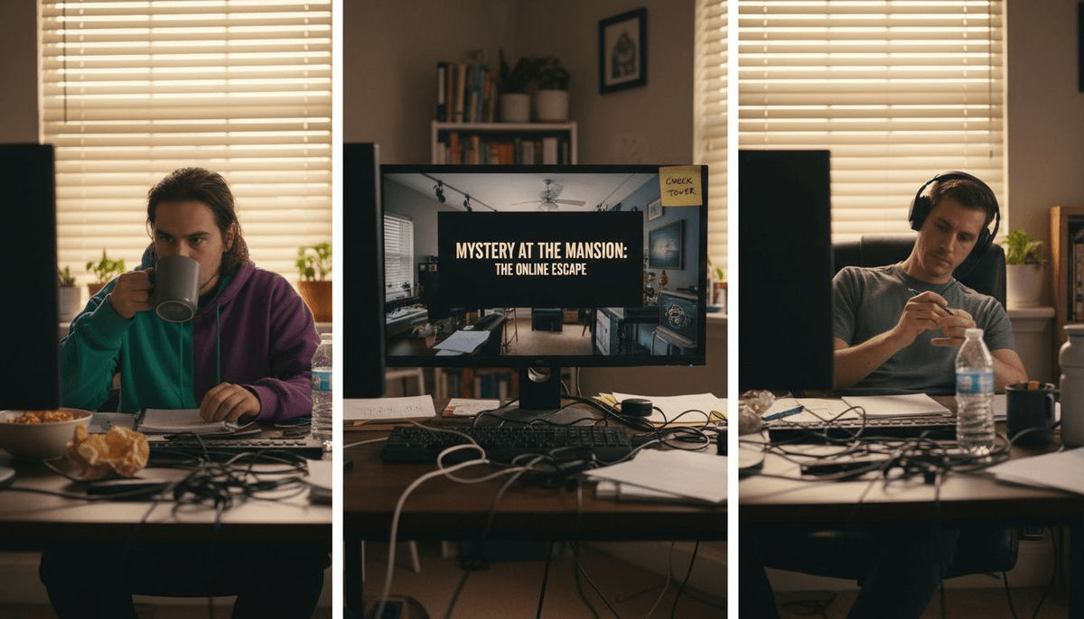 Employees engaged in virtual escape room