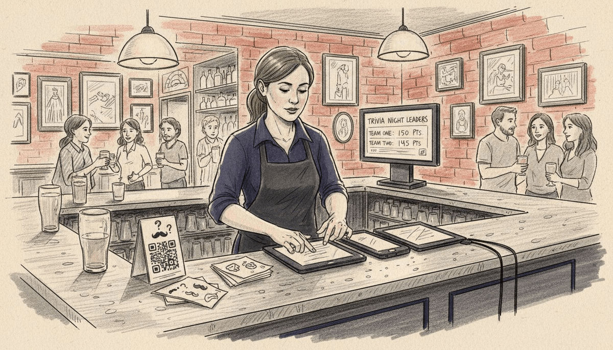 Bartender setting up digital trivia devices