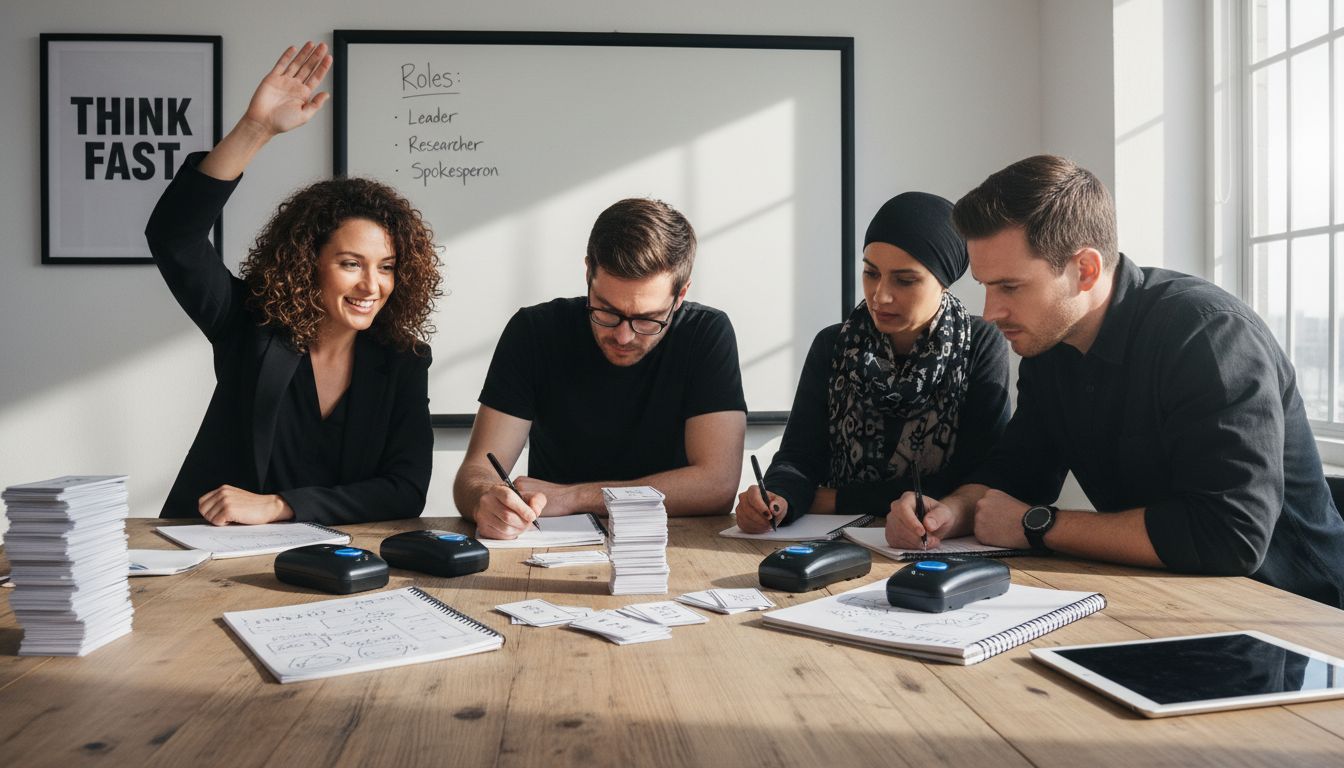 Coworkers using strategy in quiz game