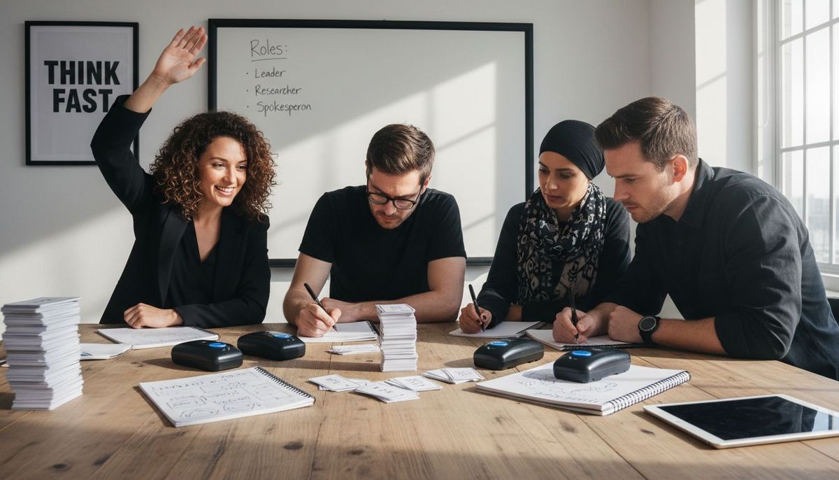 Coworkers using strategy in quiz game