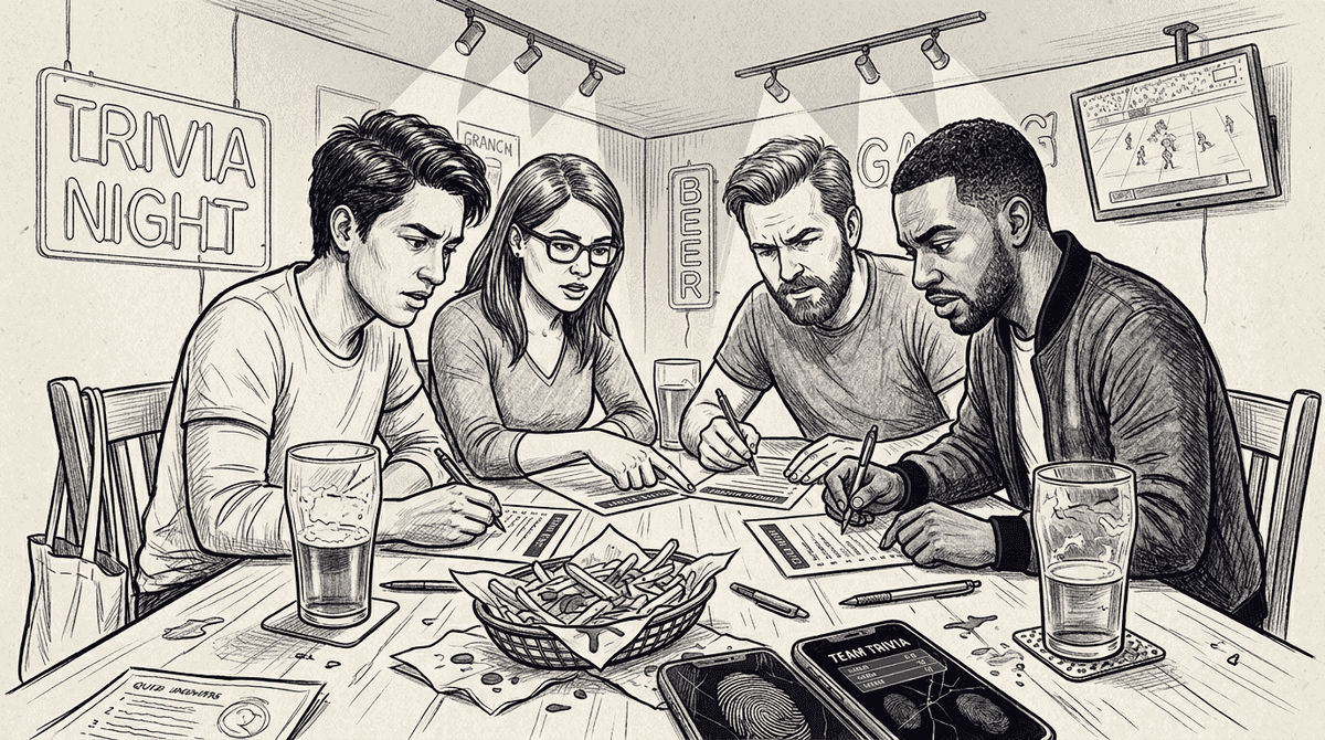 Friends form quiz team at bar table