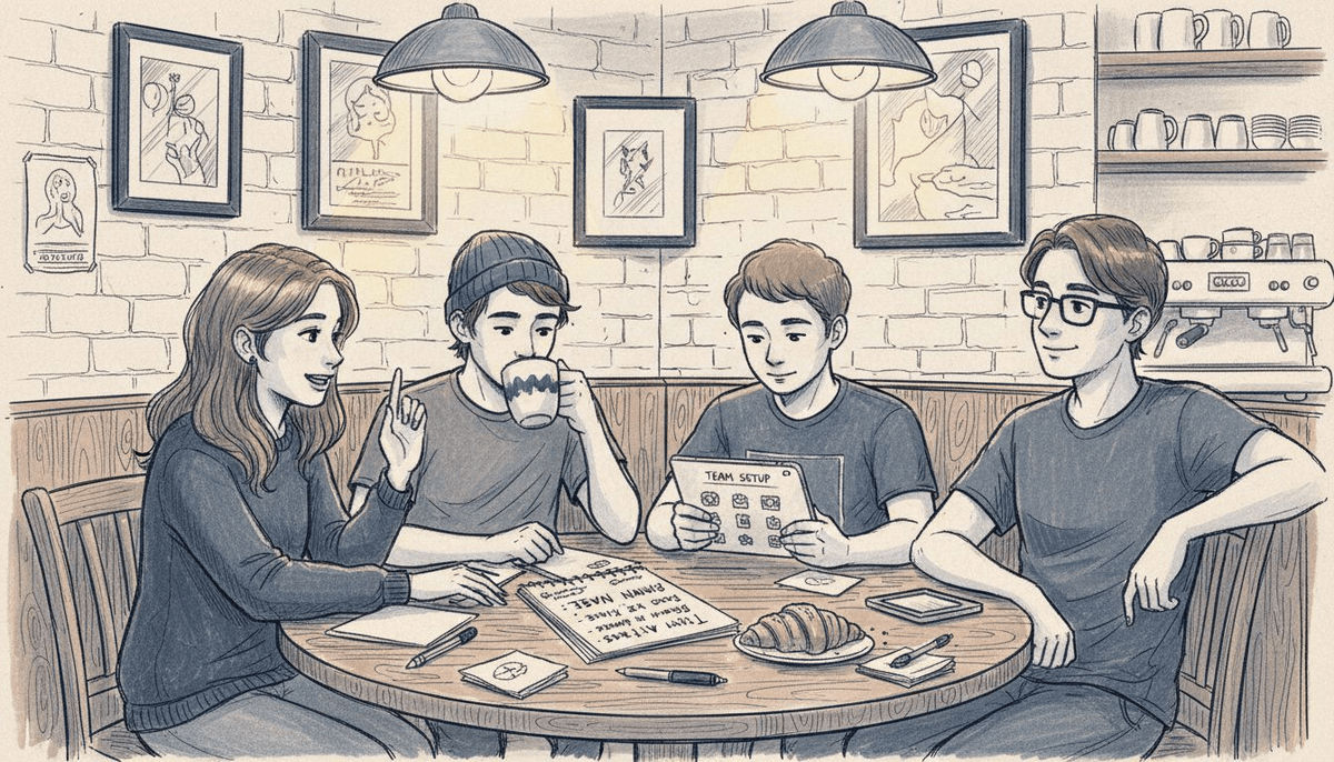Quiz teams planning in cozy café setting