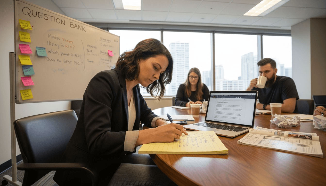 Brainstorming trivia questions with team members