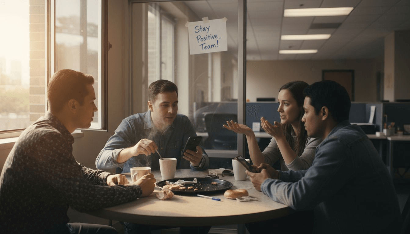 Coworkers casually discussing at breakroom table