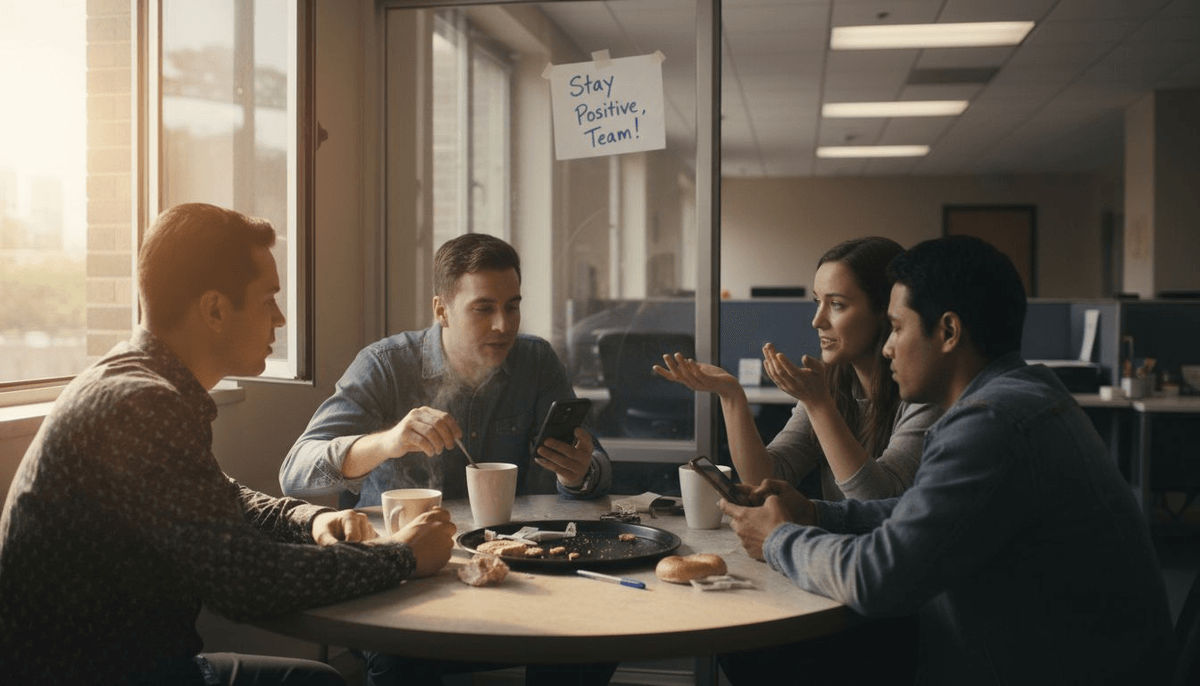 Coworkers casually discussing at breakroom table