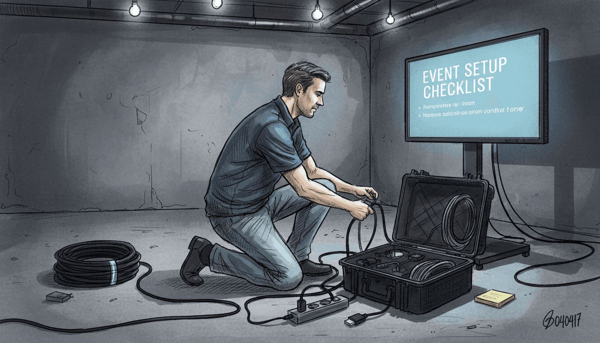 Technician rehearses event technical setup