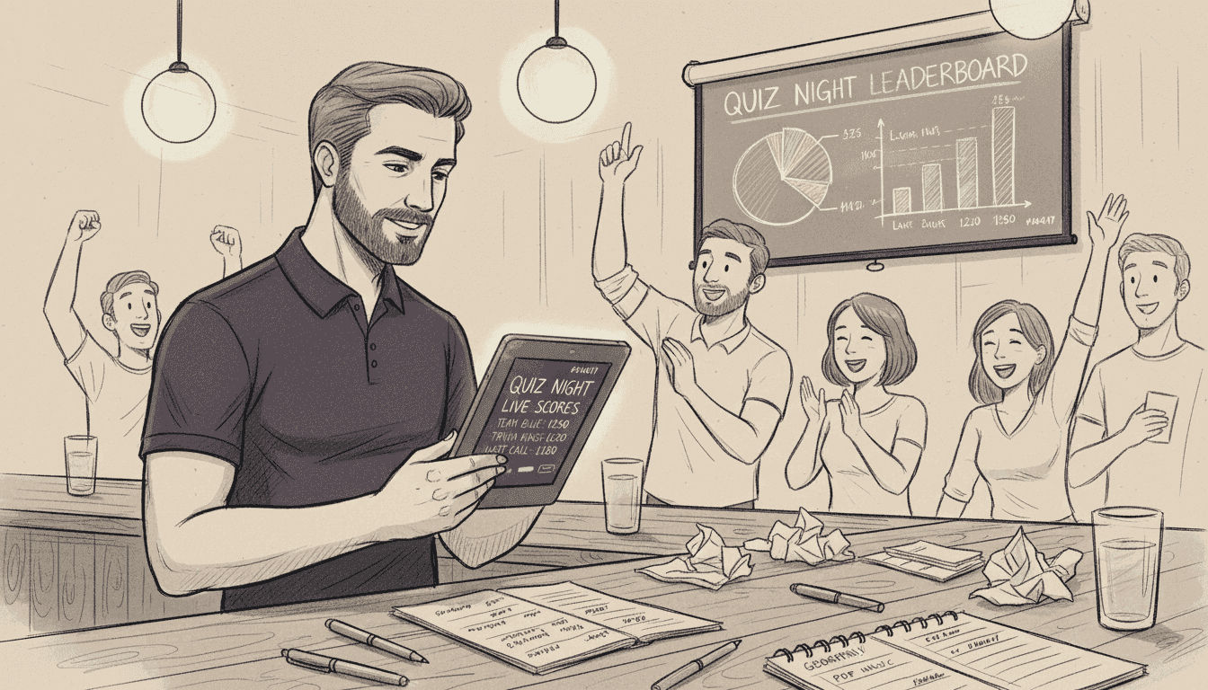 Bartender checking quiz scores at bar