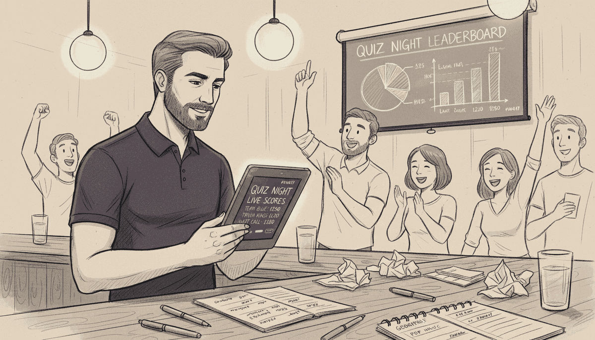 Bartender checking quiz scores at bar