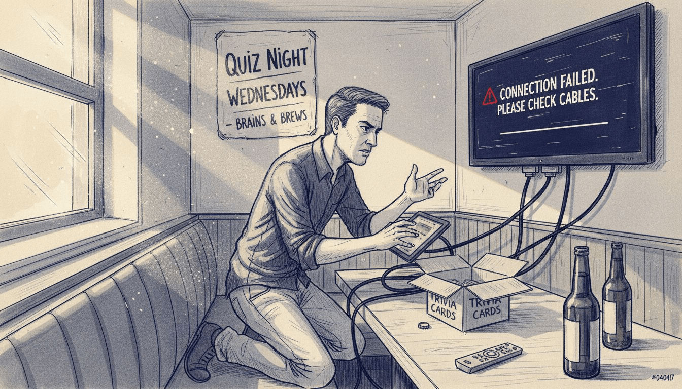 Quiz host setting up bar trivia equipment