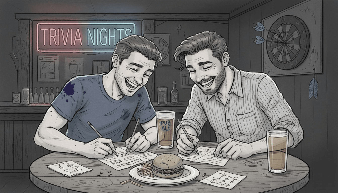 Friends playing quiz at cozy bar table