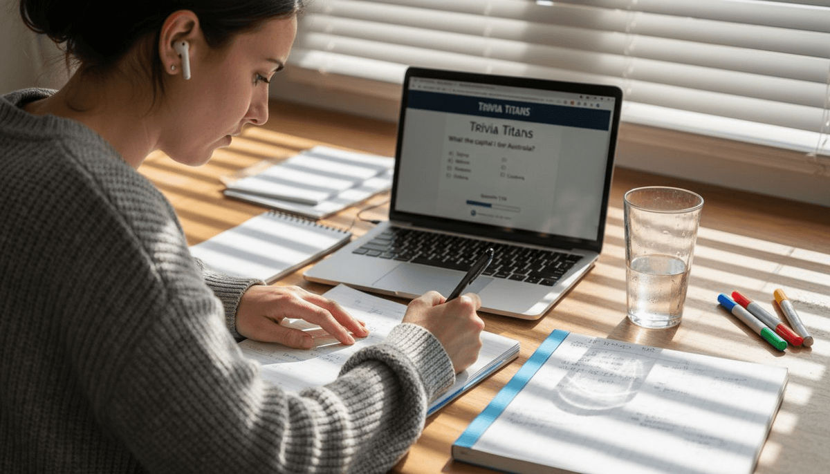 Woman customizing quiz platform at kitchen counter