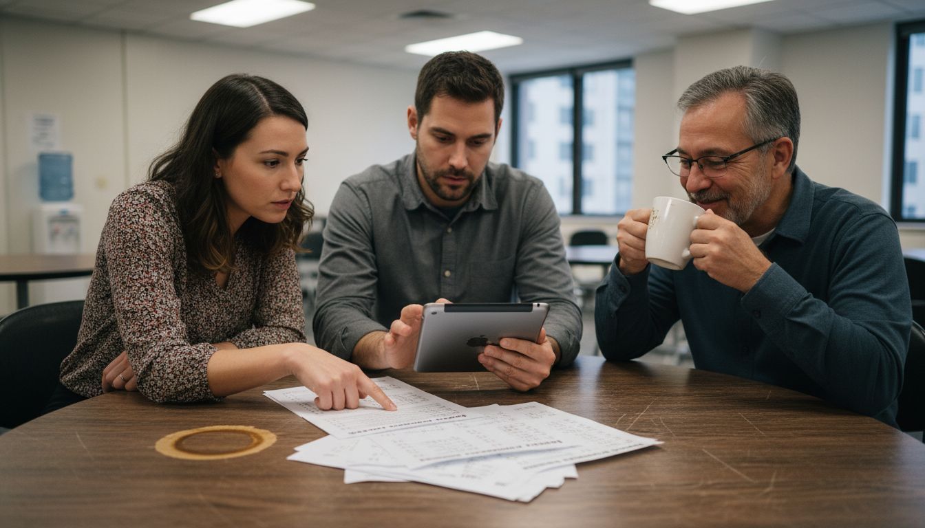 Coworkers solving quiz at round table