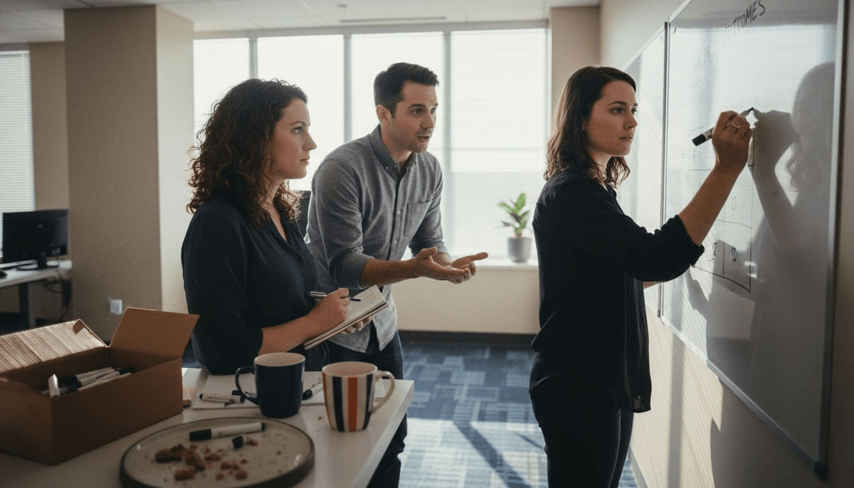 Team brainstorming session with notes and coffee mugs