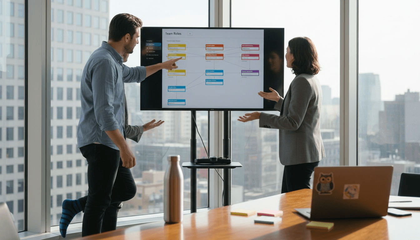 Employees configuring quiz team structure setup