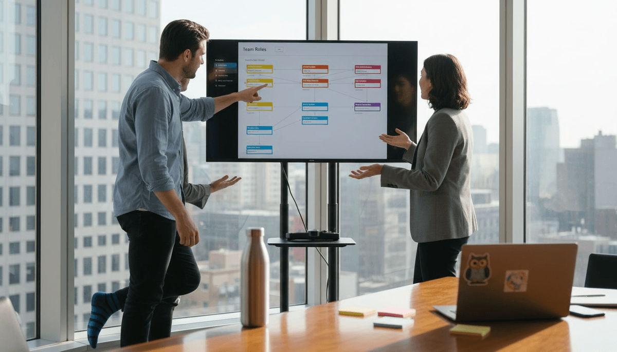 Employees configuring quiz team structure setup
