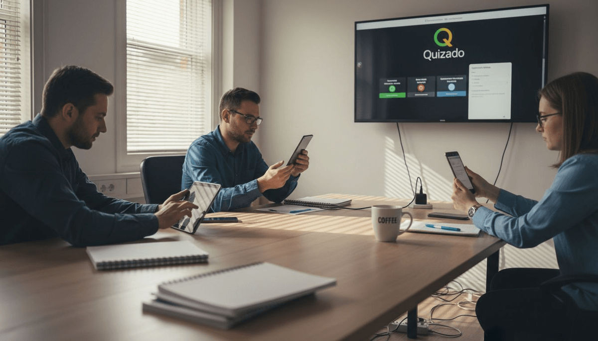 Team rehearsing quiz with multiple devices