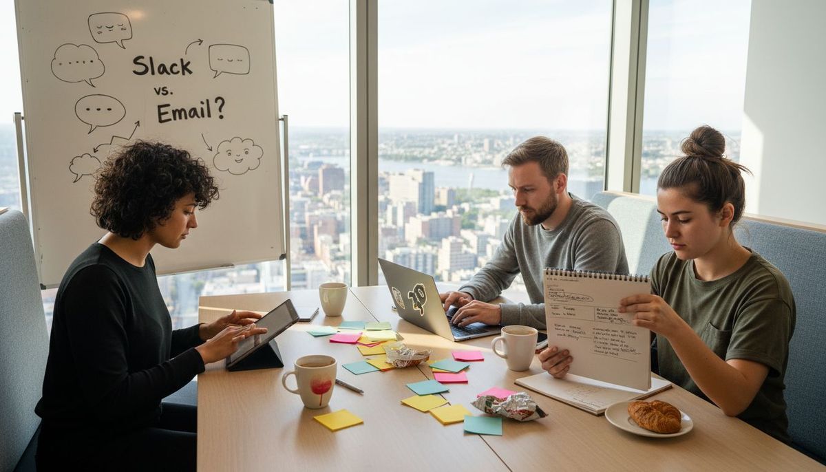 Colleagues debating communication channel choice