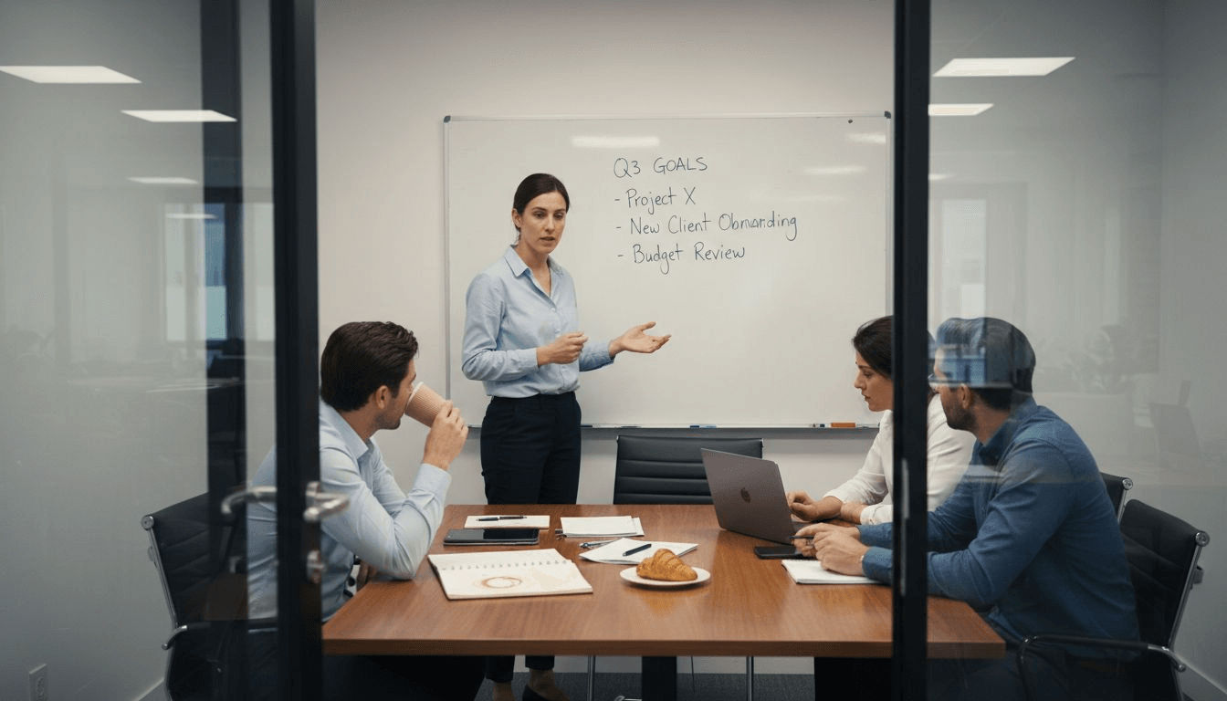 Team shares ideas in casual meeting room