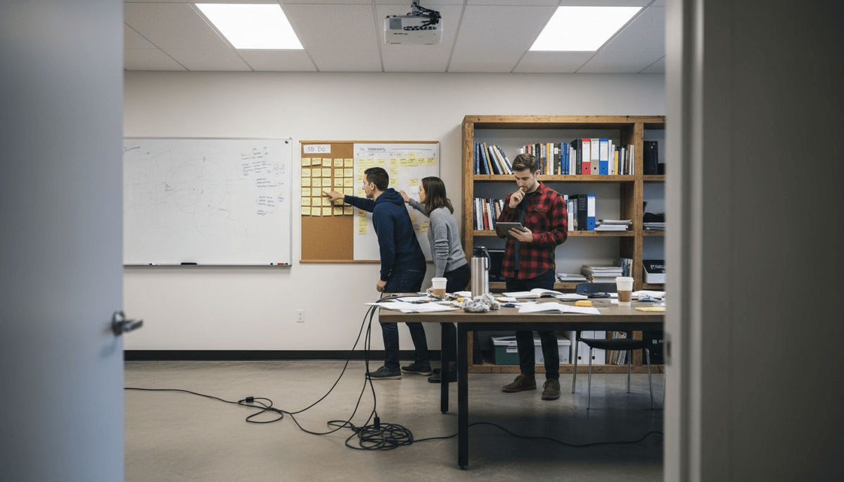 Cross-functional team working with kanban board