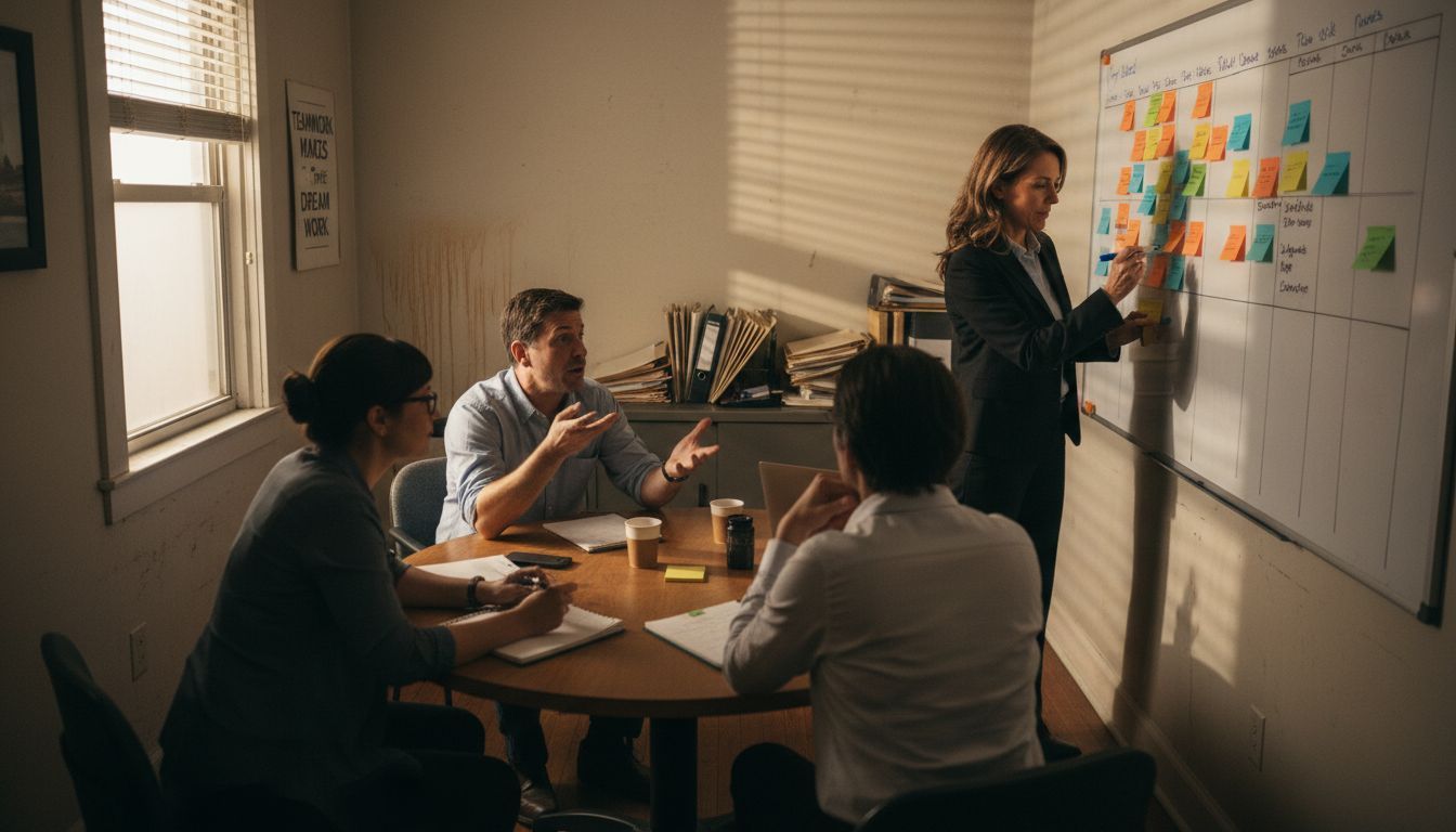 Manager facilitating team feedback meeting