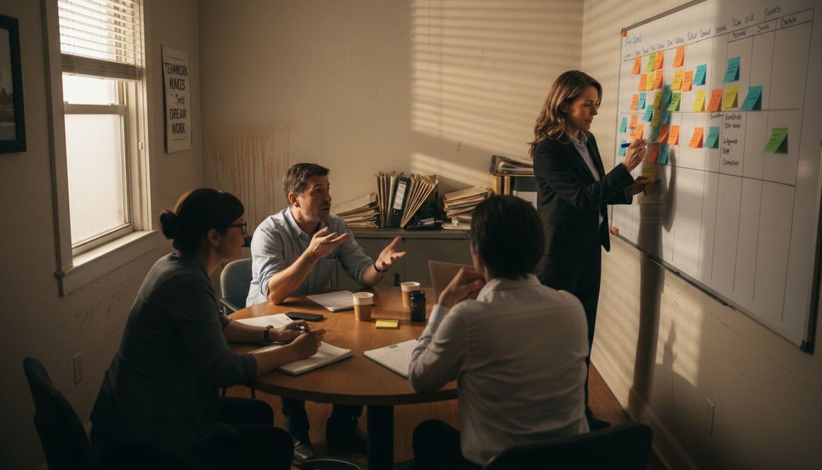 Manager facilitating team feedback meeting