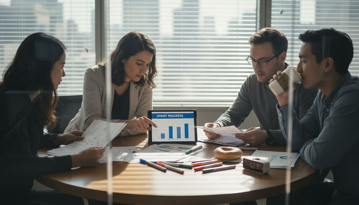 Team reviewing progress with digital chart
