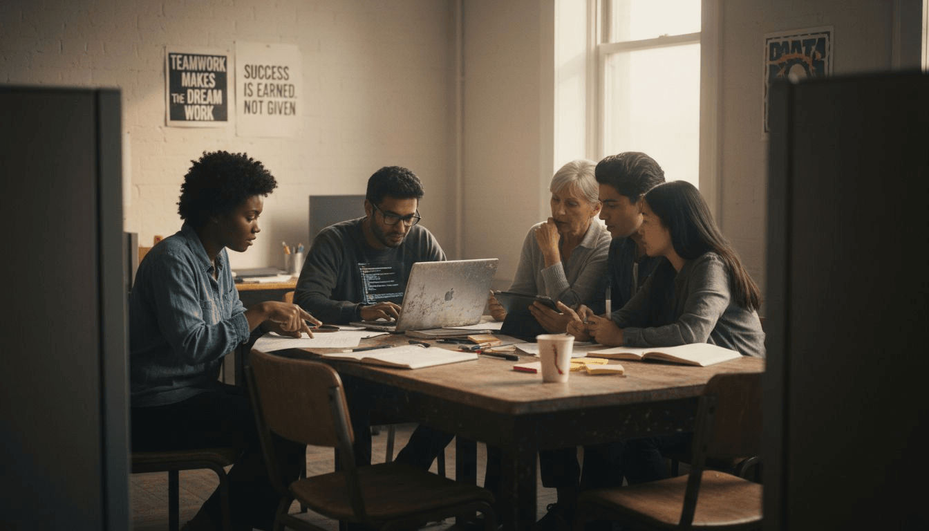 Coworkers collaborating in shared workspace