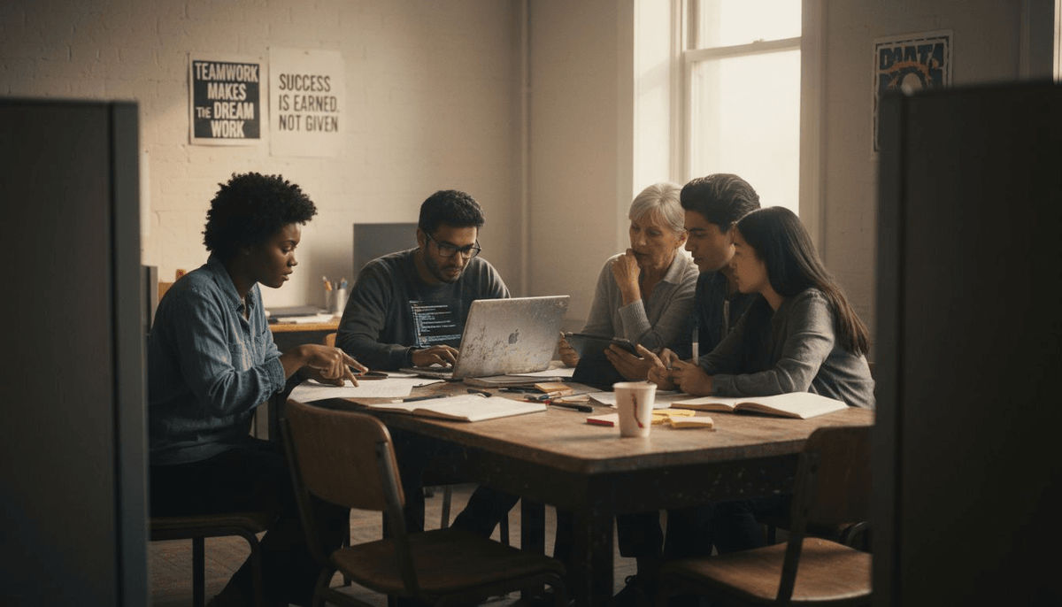 Coworkers collaborating in shared workspace