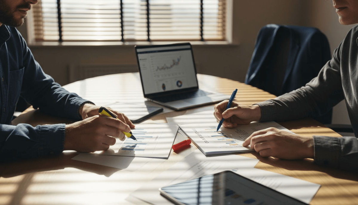 Coworkers review performance charts together