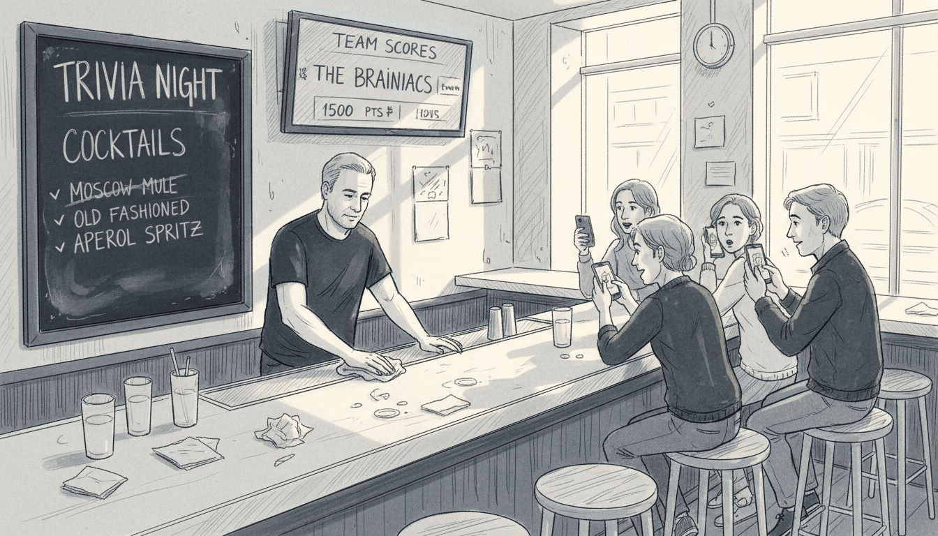 Bar patrons playing trivia with smartphones