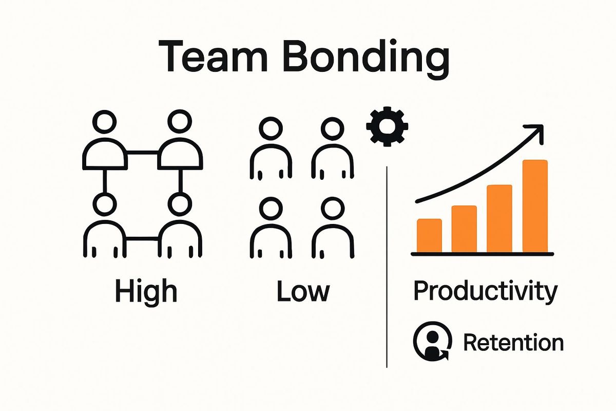 Infographic comparing high versus low team bonding impact on workplace performance.
