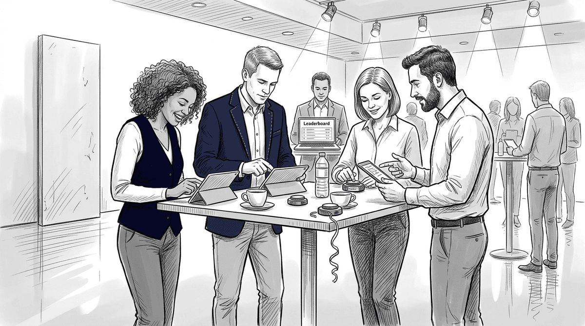 Team using digital devices for trivia competition