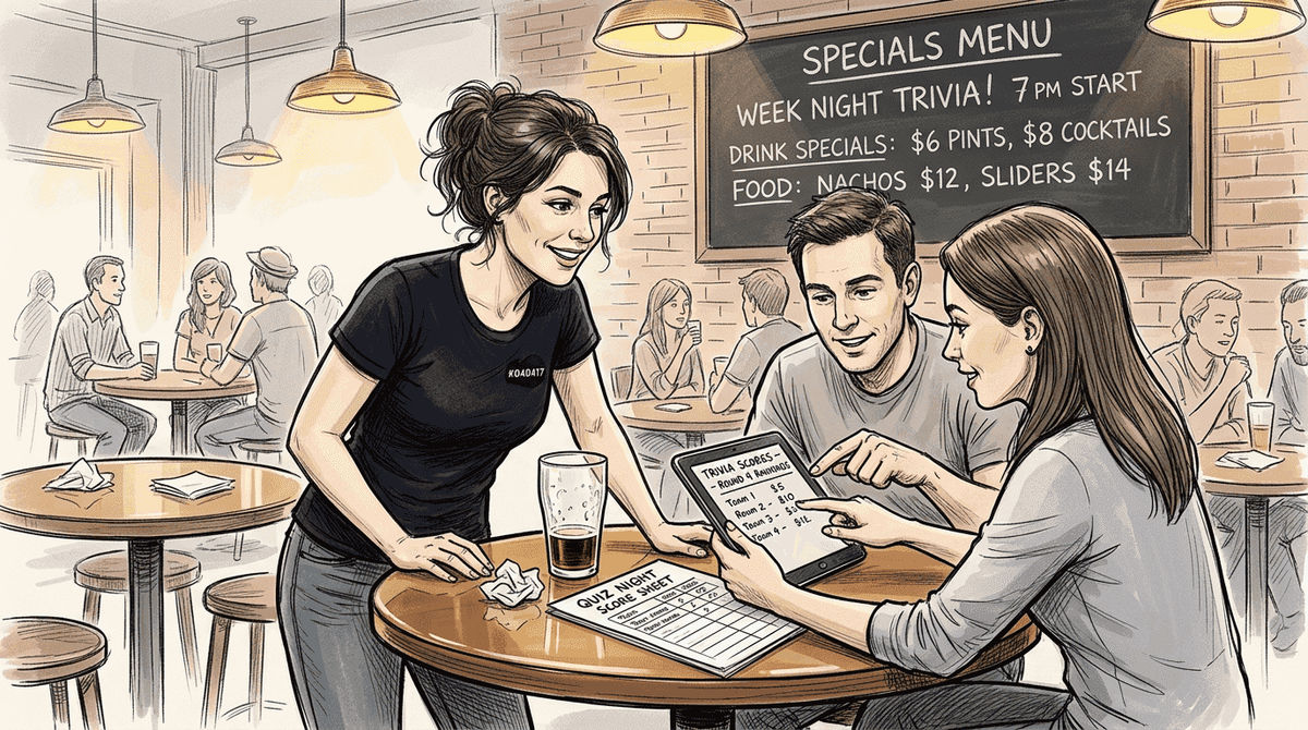 Manager engaging bar guests during trivia night