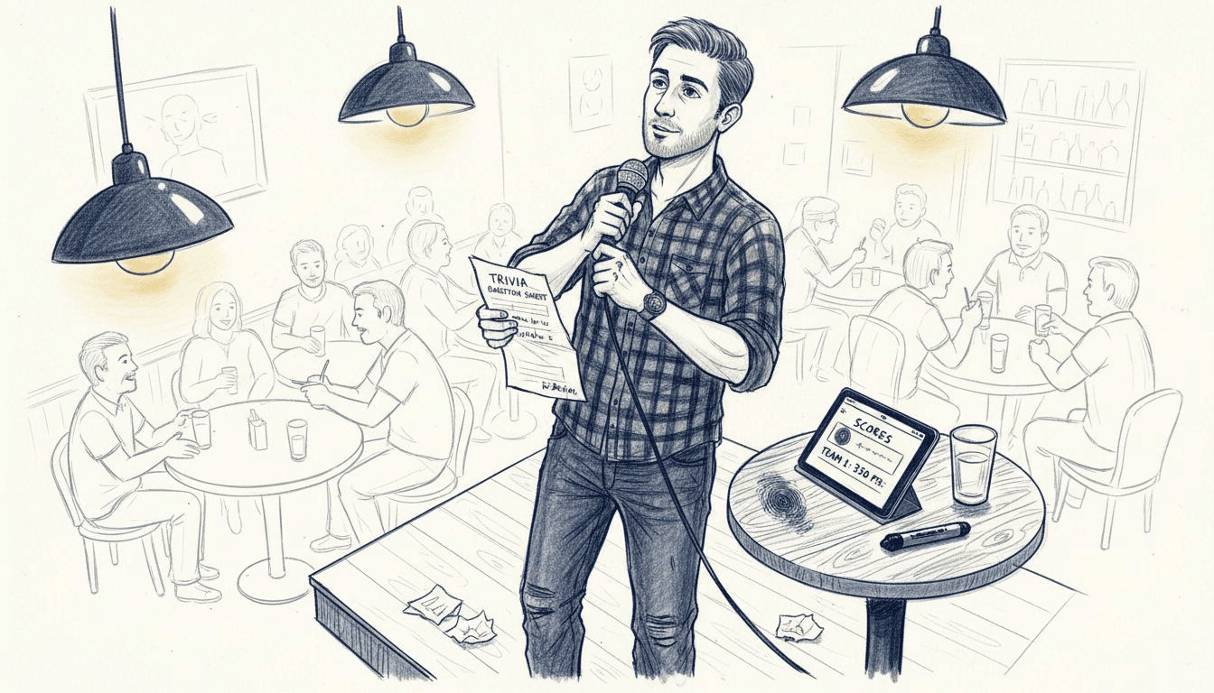 Trivia host preparing on bar stage