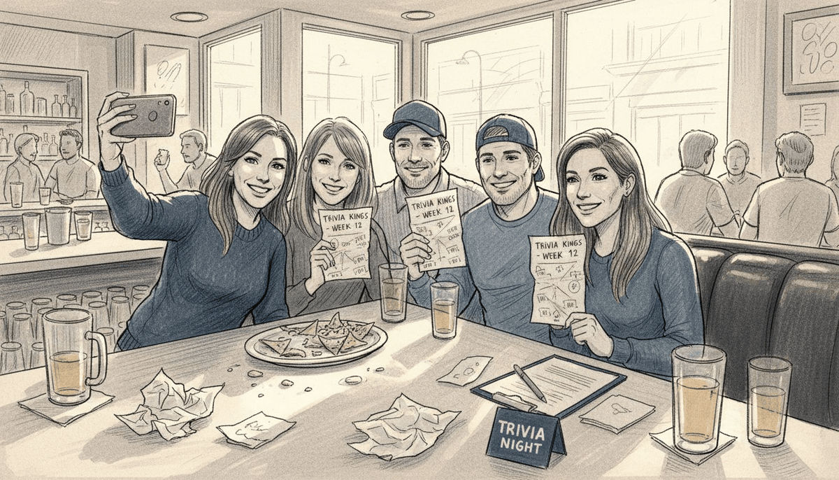 Returning trivia team celebrating bar win