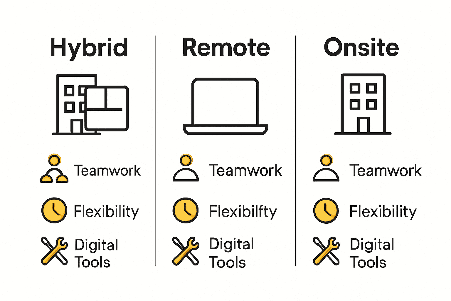 Infographic comparing hybrid, remote, and onsite team work models.