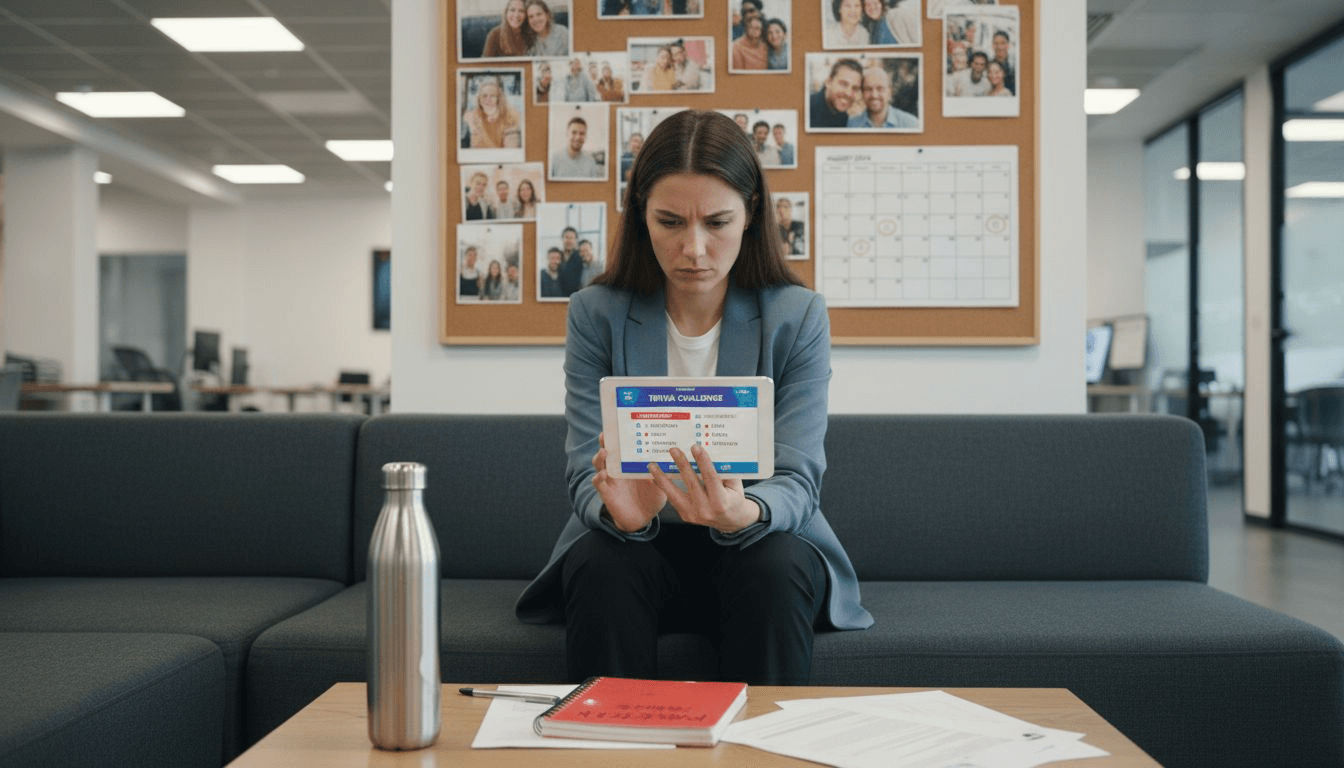 Person taking digital quiz in office lounge