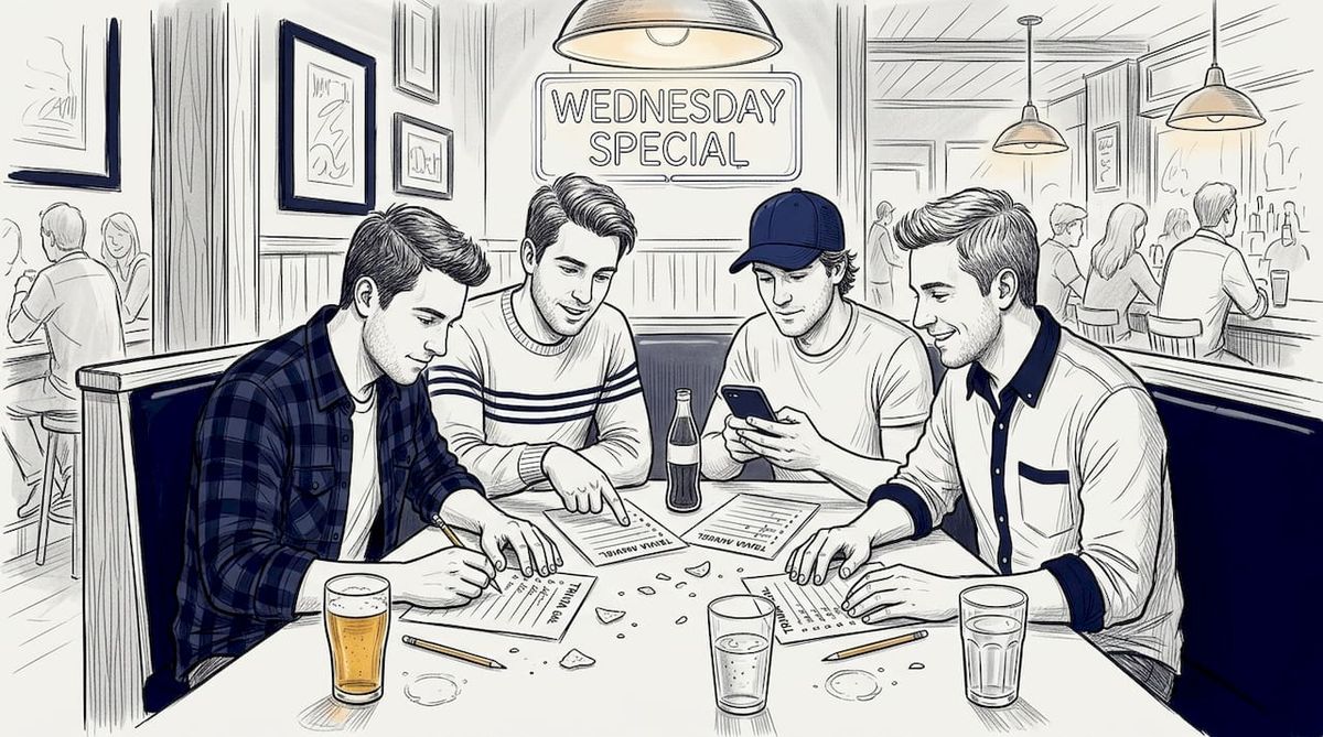 Group collaborating on bar trivia answers