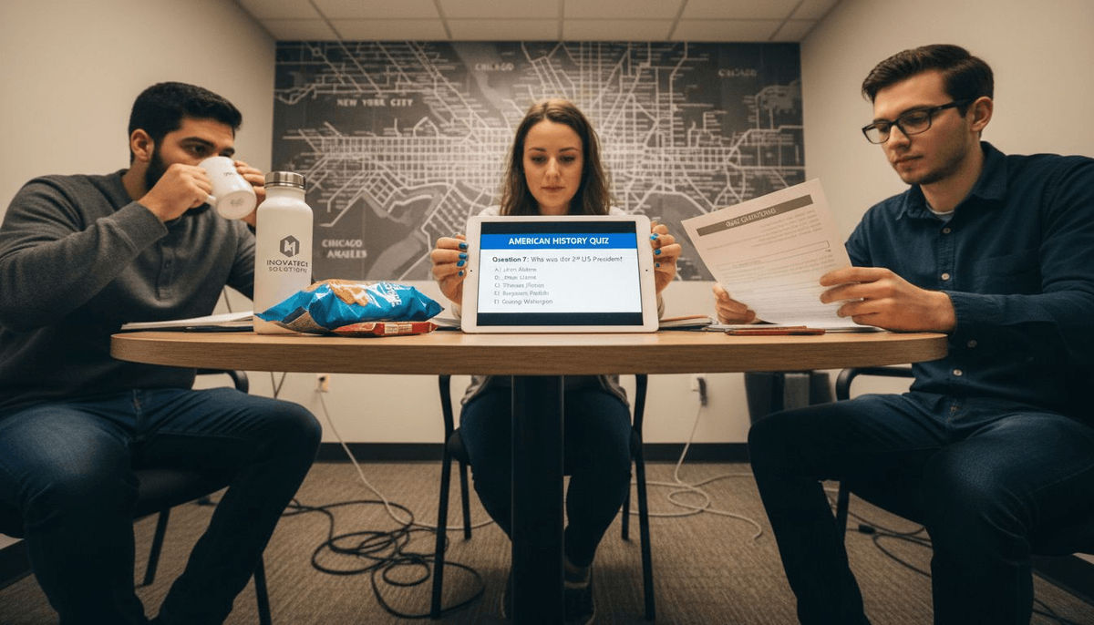 Colleagues answering customizable workplace quiz