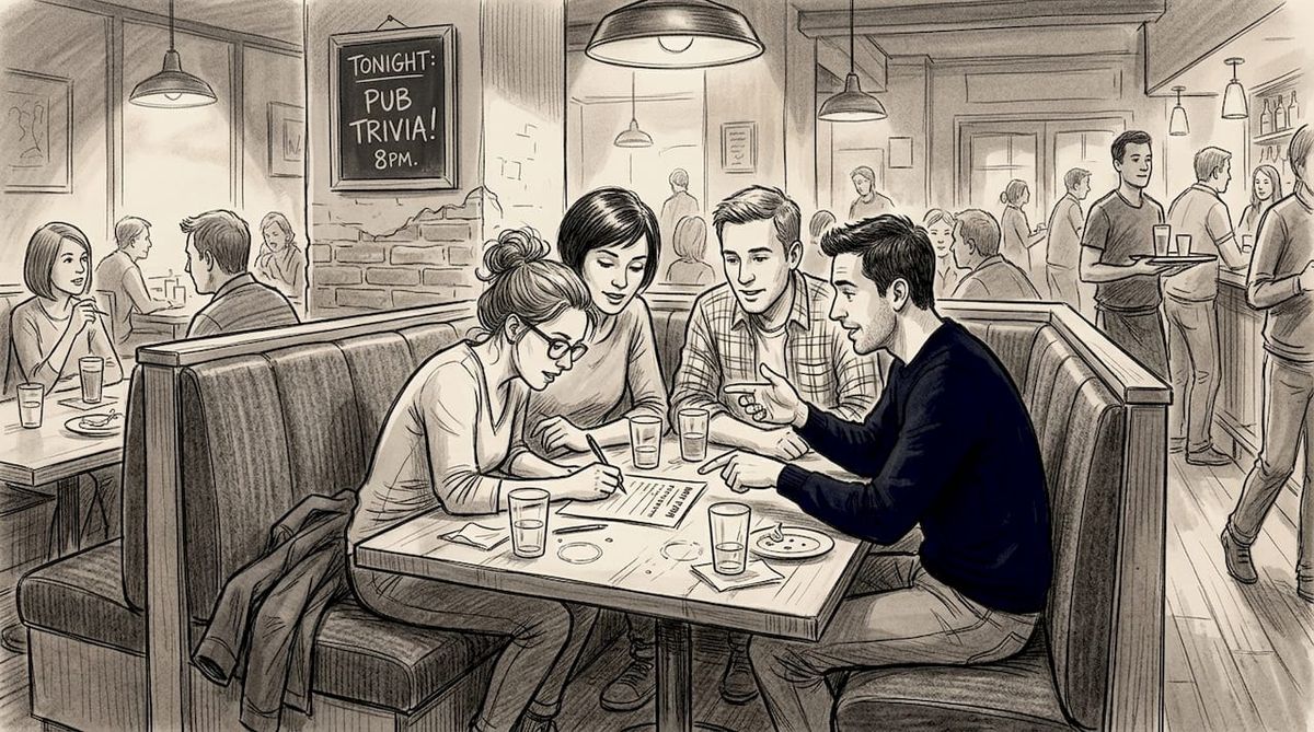 Restaurant guests bonding over quiz night