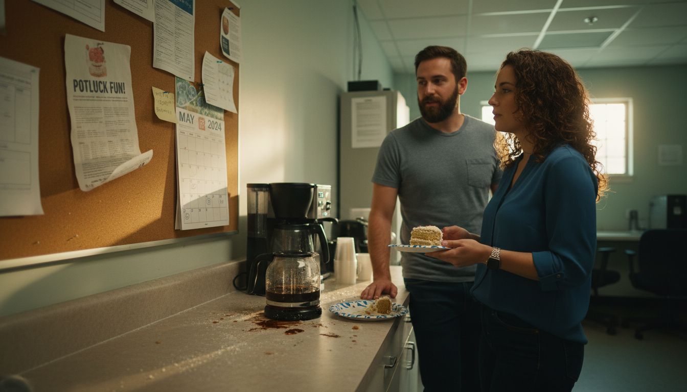 Coworkers informally chatting in breakroom