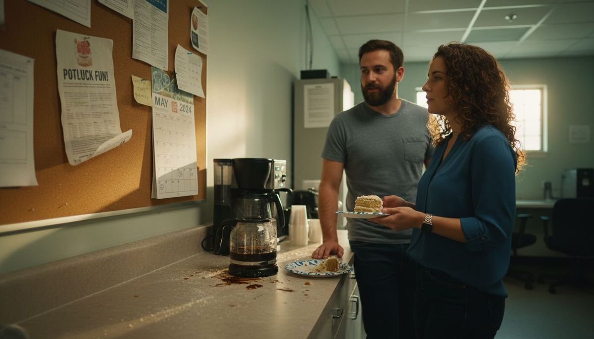 Coworkers informally chatting in breakroom