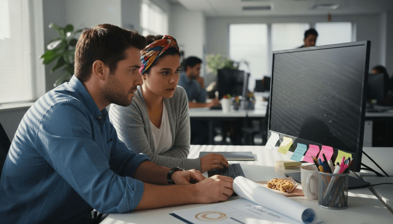 Coworkers solving issue at shared monitor