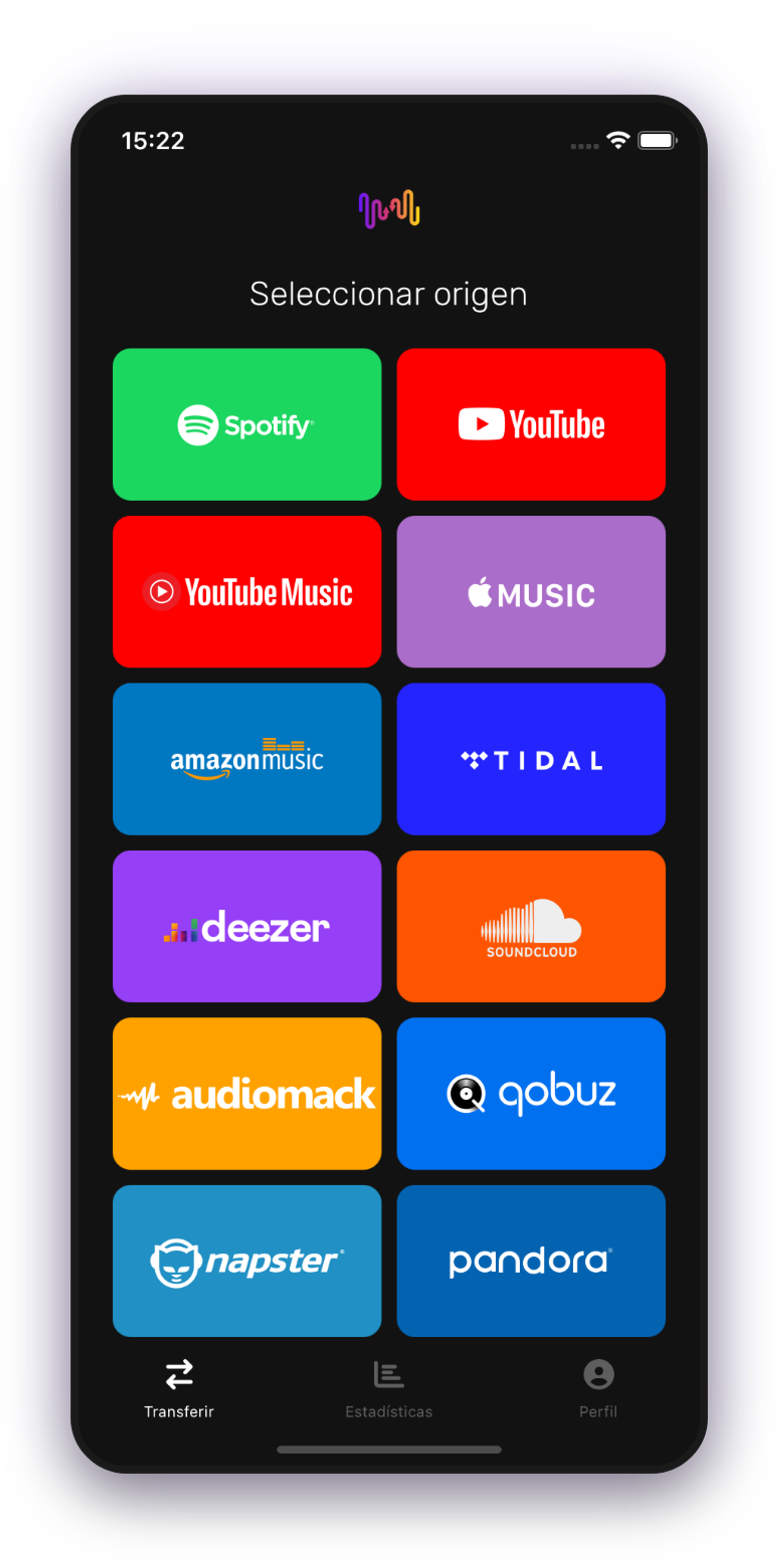 Pantalla de la fuente de lista de reproducción de selección de la aplicación Free Your Music